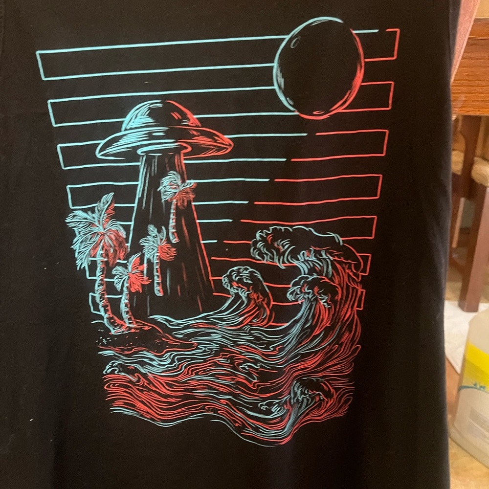 Into the AM Black Tank Top with Neon UFO Design